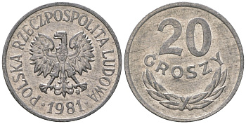 Польша 20 грошей 1981 MW Y A47 алюминий 4617-1214