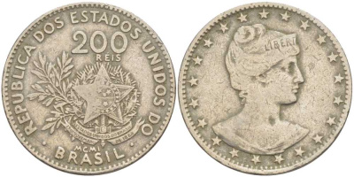 БРАЗИЛИЯ 200 РЕЙС 1901 ГОЛОВА СВОБОДЫ ВПРАВО, РИМСКАЯ НУМЕРАЦИЯ ДАТЫ KM 504 медно-никель 98-731