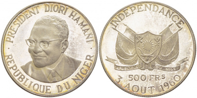 Нигер 500 франков 1960 президент Амани Диори (Hamani Diori), независимость KM 5 серебро PROOF 1087-6-45