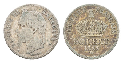 Франция 50 сантимов 1866 BB, Наполеон III KM 814 серебро 54-465