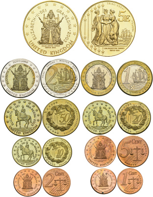 Великобритания евронабор из 9 монет (с 5 евро) 2003 в оригинальной коробке, с сертификатом, PROBA, пробники    PROOF  5-4-6-10