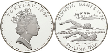 Токелау 5 тала 1994 XXVI олимпийские игры 1996 года в Атланте, плавание KM 19 серебро PROOF 1074-4-62