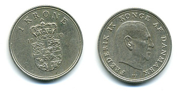 ДАНИЯ 1 КРОНА 1970 C; S, ФРЕДЕРИК IX (1947-1972) KM 851.1 медно-никель 59-1231