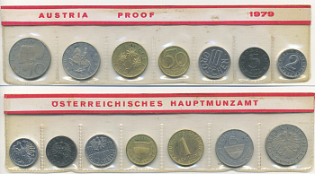 Австрия набор из 7 монет  1979  2, 5, 10, 50 грошей, 1, 5, 10 шиллингов, в целлофане KM PS 39 PROOF 4399-11-3