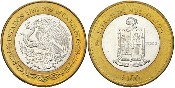 Мексика 100 песо 2004 180 лет Федерации - Нуэво-Леон KM 742 биметалл, серебро BU 00-1067-9-31