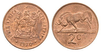 ЮАР 2 цента 1970 герб, антилопа гну KM 83 бронза 4114-631