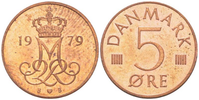 ДАНИЯ 5 ЭРЕ 1979 B; B, МАРГРЕТЕ II (1972-) KM 859.2 железо плакированное медью 4392-566