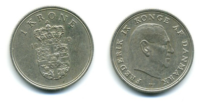 ДАНИЯ 1 КРОНА 1970 C; S, ФРЕДЕРИК IX (1947-1972) KM 851.1 медно-никель 59-1231