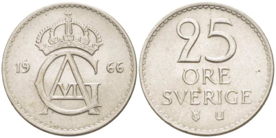 Швеция 25 эре 1966 U, Густав VI Адольф (1950-1973) KM 836 медно-никель 4516-463