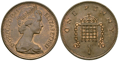 Великобритания 1 пенни 1983 Елизавета II (1952-2022) KM 927, Spink 4238 (B2) бронза 4582-537