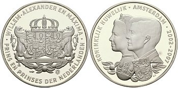 Нидерланды медаль 2007 свадьба Александра и принцессы Максимы, 5 ая годовщина (2002-2007)  серебро  PROOF  1066-8-11