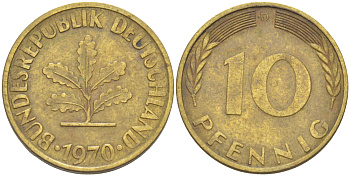 ФРГ 10 ПФЕННИГОВ 1970 D KM 108, J. 383 сталь плакированная латунью 4182-814
