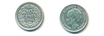 Нидерланды 10 центов 1936 Вильгельмина I (1890-1948) КМ 163 серебро 84-939