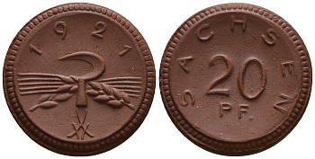 Саксония 20 пфеннигов 1921 колосья и серп J. N 53 фарфор UNC 1094-7-81