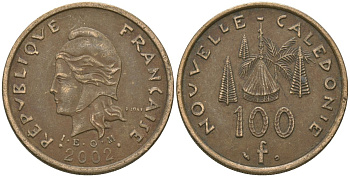 Французская Новая Каледония 100 франков 2002 хижина среди сосен и пальм, (IEOM) KM 15, Schoen 16, Lec 139f никель бронза 109-825