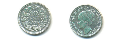 Нидерланды 10 центов 1936 Вильгельмина I (1890-1948) КМ 163 серебро 84-939