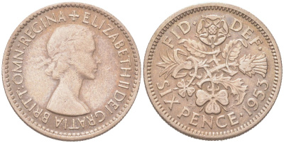 Великобритания 6 пенсов 1953 Елизавета II (1952-2022) KM 889, Spink 4141 медно-никель 4614-824