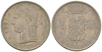 Бельгия 1 франк 1951 Belgique, Бодуэн I (1951-1993) KM 142 медно-никель 4618-413