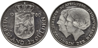 Нидерланды 2 1/2 гульдена 1980 коронация Беатрикс, 30 апреля 1980 KM 201 никель 4389-321