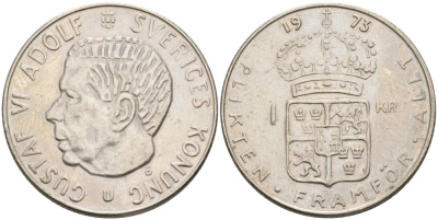 Швеция 1 крона 1973 U, Густав VI Адольф (1950-1973) KM 826а медь плакированная медно-никелем 4557-422