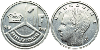 БЕЛЬГИЯ 1 ФРАНК 1989 BELGIQUE KM 170 железо плакированное никелем 4392-862