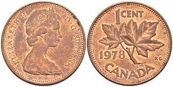 Канада 1 цент 1978 Елизавета II (1952-2022), кленовый лист KM 59.1 бронза 54-945
