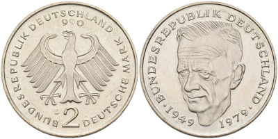 ФРГ 2 марки 1990 D, Курт Шумахер KM 149, J.424 медно-никель плакированный никелем 4574-511
