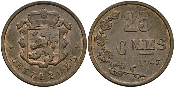 Люксембург 25 сантимов 1947 Шарлотта (1918-1964) KM 45 бронза 4136-526