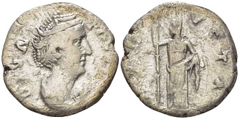 Римская Империя денарий 145 - 146 Фаустина Старшая, жена Антонина Пия (посмертная чеканка), DIVA FAVSTINA / AVGVSTA, Рим, fine RIC 362 серебро 1073-6-12