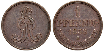 Ганновер 1 пфенниг 1858 B, Георг V KM 233, AKS 156, J. 90 медь 4594-213