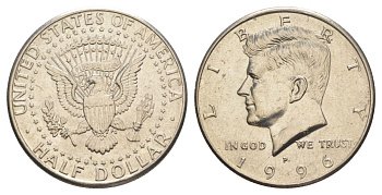 США 1/2 доллара (50 центов) 1996 P, Джон Кеннеди KM A202b медь плакированная медно-никелем aUNC 4517-825