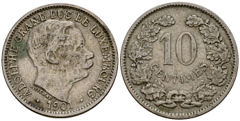 Люксембург 10 сантимов 1901 Адольф (1890-1905) KM 25 медно-никель 4602-442