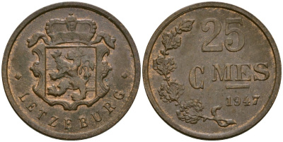 Люксембург 25 сантимов 1947 Шарлотта (1918-1964) KM 45 бронза 4136-526