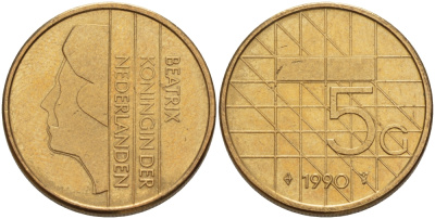 НИДЕРЛАНДЫ 5 ГУЛЬДЕНОВ 1990 БЕАТРИКС KM 210 никель плакированный бронзой 67-625