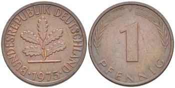 ФРГ 1 ПФЕННИГ 1975 F KM 105, J. 380 сталь плакированная медью 4181-618