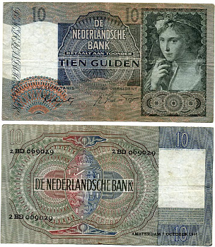 Нидерланды 10 гульденов 1941 красавица пастушка, серия 2 BD Pick 56 b, Akkermans 31.2 бумага 7553-26-2-1