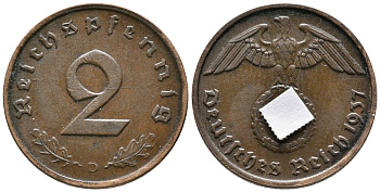 ГЕРМАНИЯ 2 РЕЙХСПФЕННИГА 1937 D KM 90, J. 362 бронза 24-755