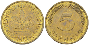 ФРГ 5 ПФЕННИГОВ 1981 D KM 107, J. 382 сталь плакированная латунью 4181-1013