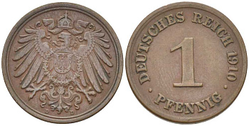 ГЕРМАНИЯ 1 ПФЕННИГ 1910 D KM 10, J. 10, Weege 2 медь 211-434