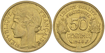 ФРАНЦИЯ 50 САНТИМОВ 1940 ТИП MORLON KM 894.1, LE FRANC 192.17 алюминиевая бронза 44-762