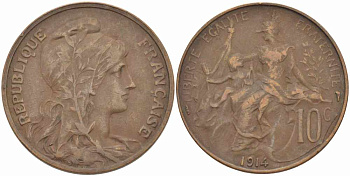 ФРАНЦИЯ 10 САНТИМОВ 1914 ТИП ДАНИЭЛЬ ДЮПЮИ KM 843, LA FRANC 136.24 бронза 109-335
