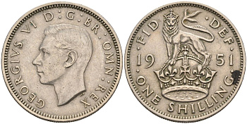 Великобритания 1 шиллинг 1951 Георг VI (1936-1952), Английский герб KM 876, Spink 4108 медно-никель 4126-454