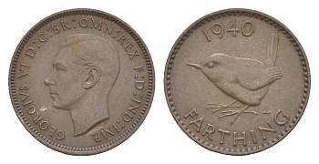 Великобритания 1 фартинг 1940 Георг VI (1936-1952) KM 843, Spink 4116 бронза 3718-349