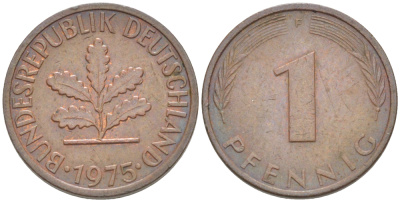 ФРГ 1 ПФЕННИГ 1975 F KM 105, J. 380 сталь плакированная медью 4181-618