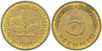 ФРГ 5 ПФЕННИГОВ 1981 D KM 107, J. 382 сталь плакированная латунью 4181-1013