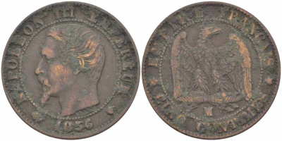 ФРАНЦИЯ 5 САНТИМОВ 1856 MA, НАПОЛЕОН III (1852-1870) KM 777.6, LE FRANC 116.35 бронза 108-426