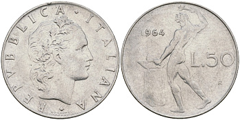 Италия 50 лир 1964 R, бог огня Вулкан у наковальни KM 95.1 нержавеющая сталь 4171-1024