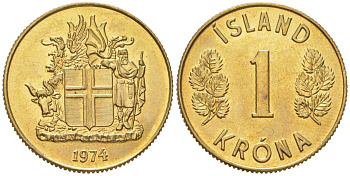 Исландия 1 крона 1974 KM 12a никель латунь aUNC 4169-1152