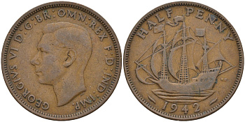 Великобритания 1/2 пенни 1942 Георг VI (1936-1952) KM 844, Spink 4115 бронза 4146-233