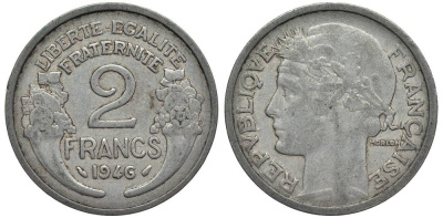 ФРАНЦИЯ 2 ФРАНКА 1946 ТИП MORLON KM 886а.1, LE FRANC 269.8 алюминий 27-822